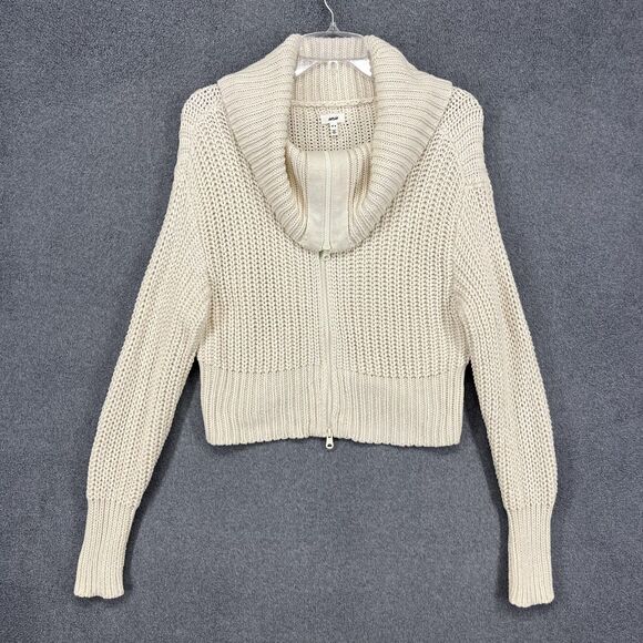 Aerie Sweater Cardigan Womens Medium Cream Zip Front Cowl Neck Cropped Knit - Picture 1 of 16
